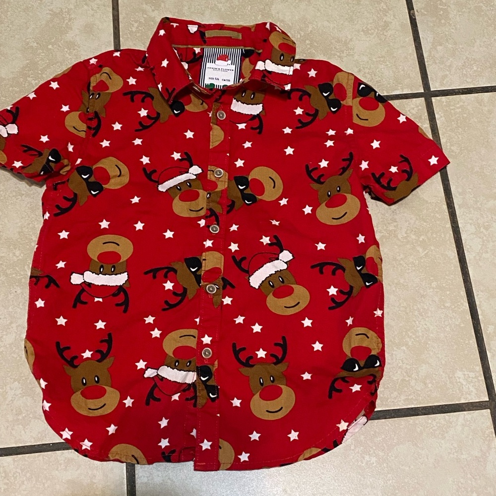 Denim & Flower Red Reindeer Kids Button Down Shirt
